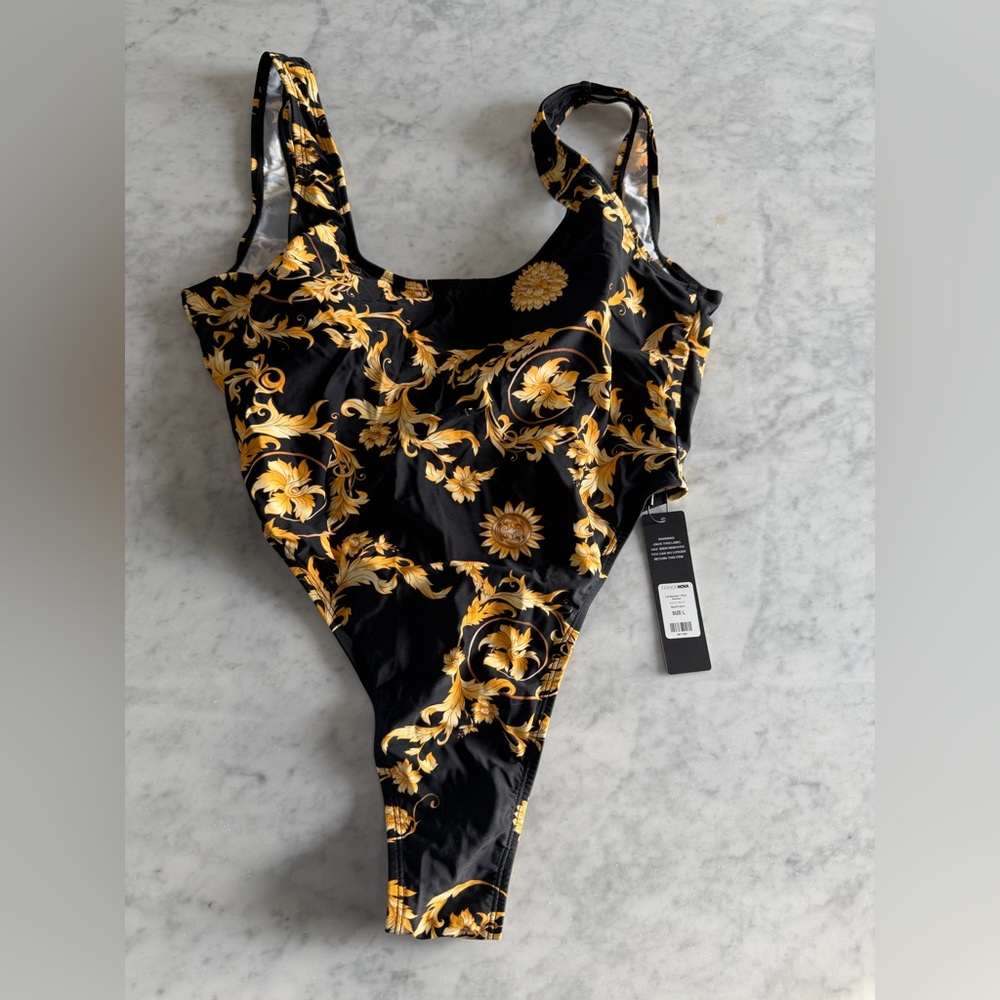 Baroque Print One Piece Swimsuit | Black & Gold | NWT | Size L